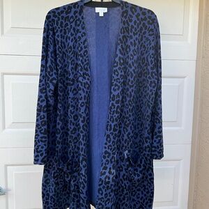 Belle by Kim Gravel 3X Blue Black Leopard Print Open Cardigan